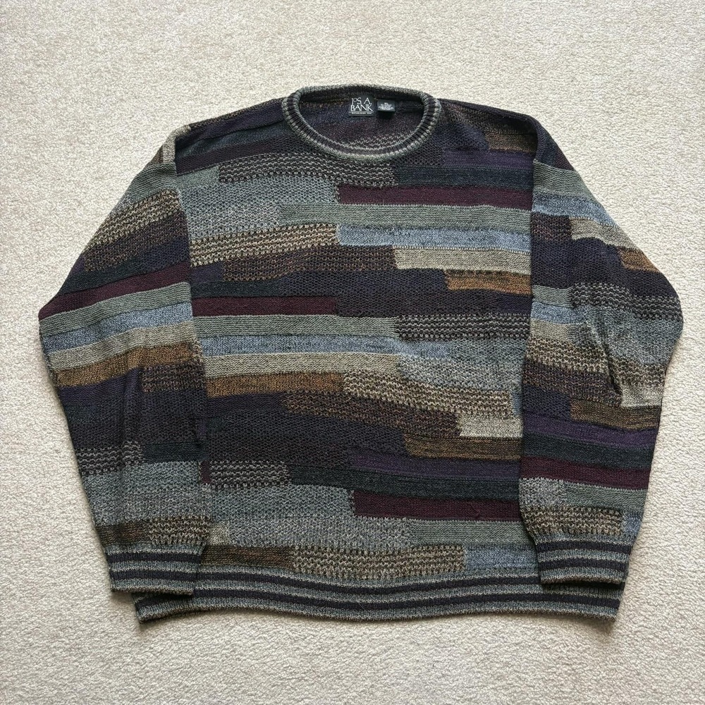 Vtg Geometric Knit‎ Multicolor Sweater Mens XL Grandpa Colorblock 90s Jos A Bank
